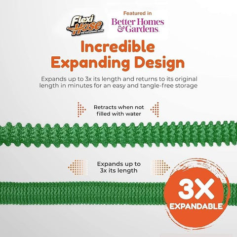 Flexi Hose 25 ft expandable hose in green simplifies storage and transport.