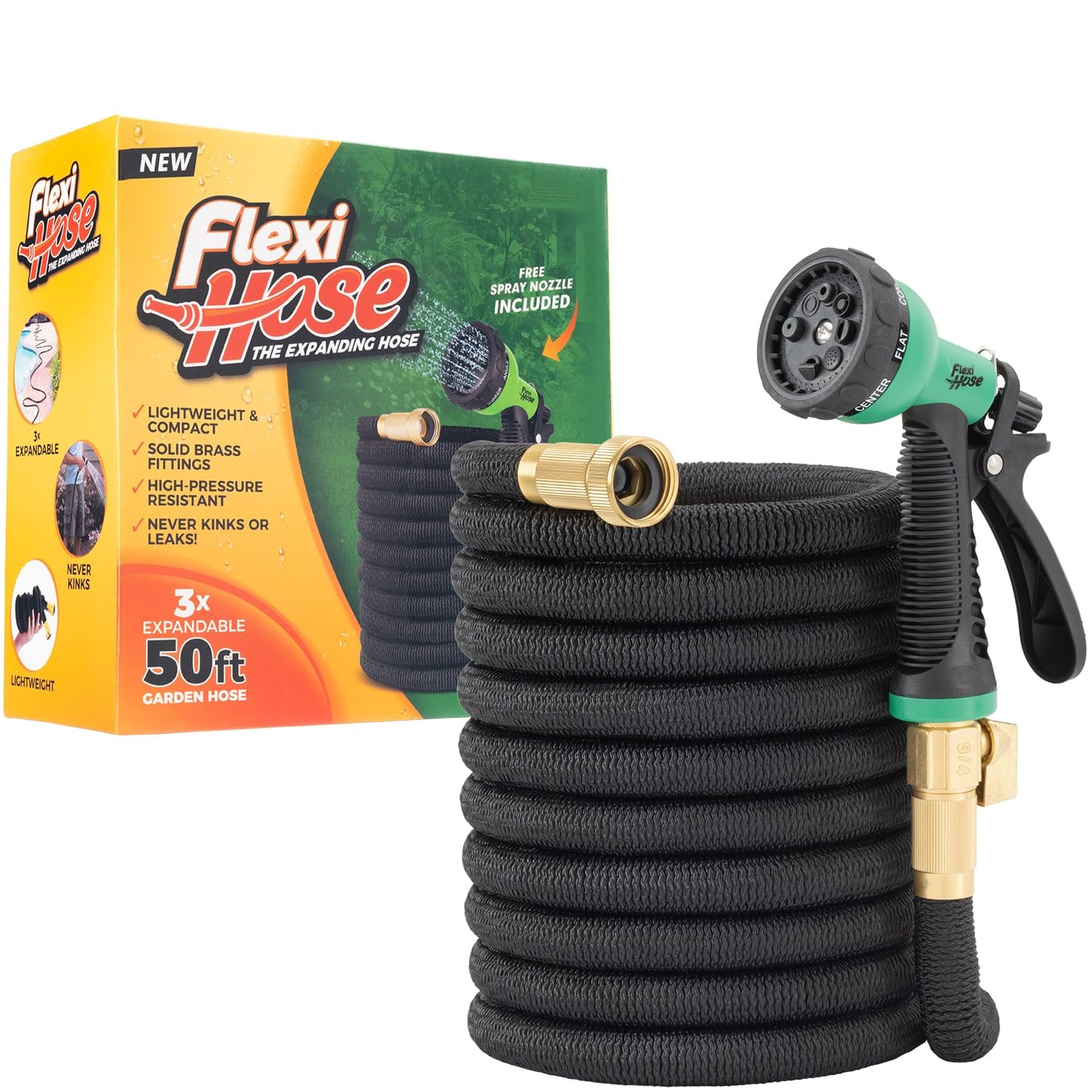 Flexi Hose 50ft extended shows reach for large lawns and beds