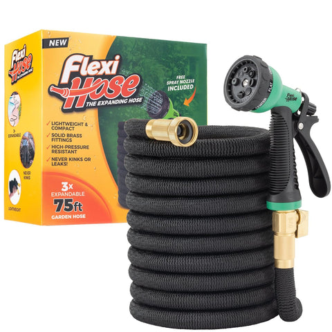 Flexi Hose 75ft expandable length offers versatile reach for gardens and patios.