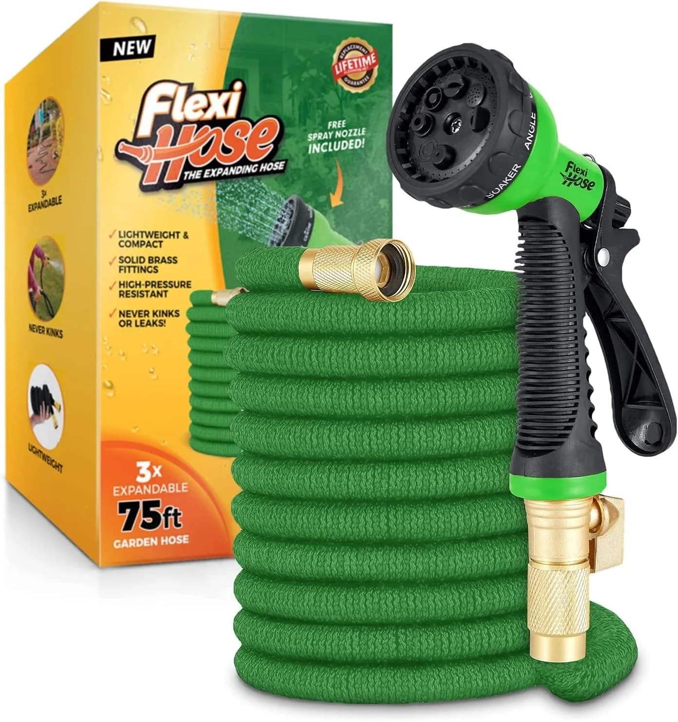 Flexi Hose with 8-function nozzle in green extends to reach distant planters for watering.