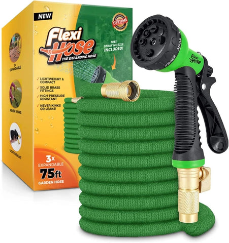 Flexi Hose with 8-function nozzle in green extends to reach distant planters for watering.