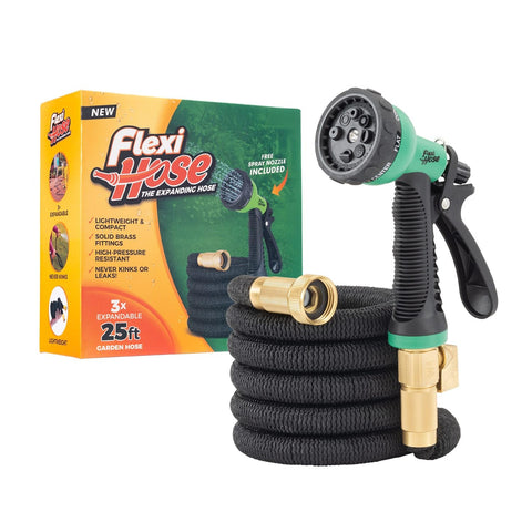 Flexi Hose 8-function nozzle delivers versatile watering for gardens and patios.