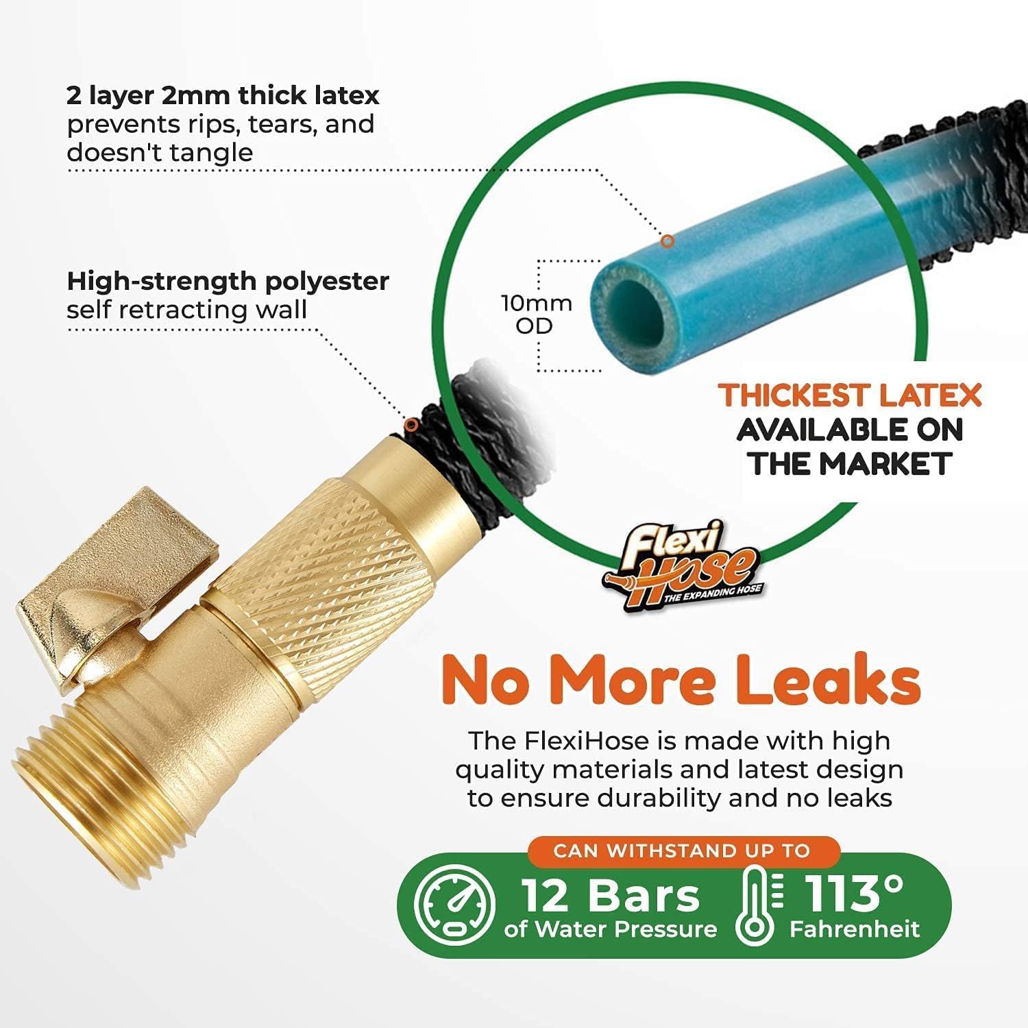 Flexi Hose solid brass fittings ensure durable connections to standard garden taps.