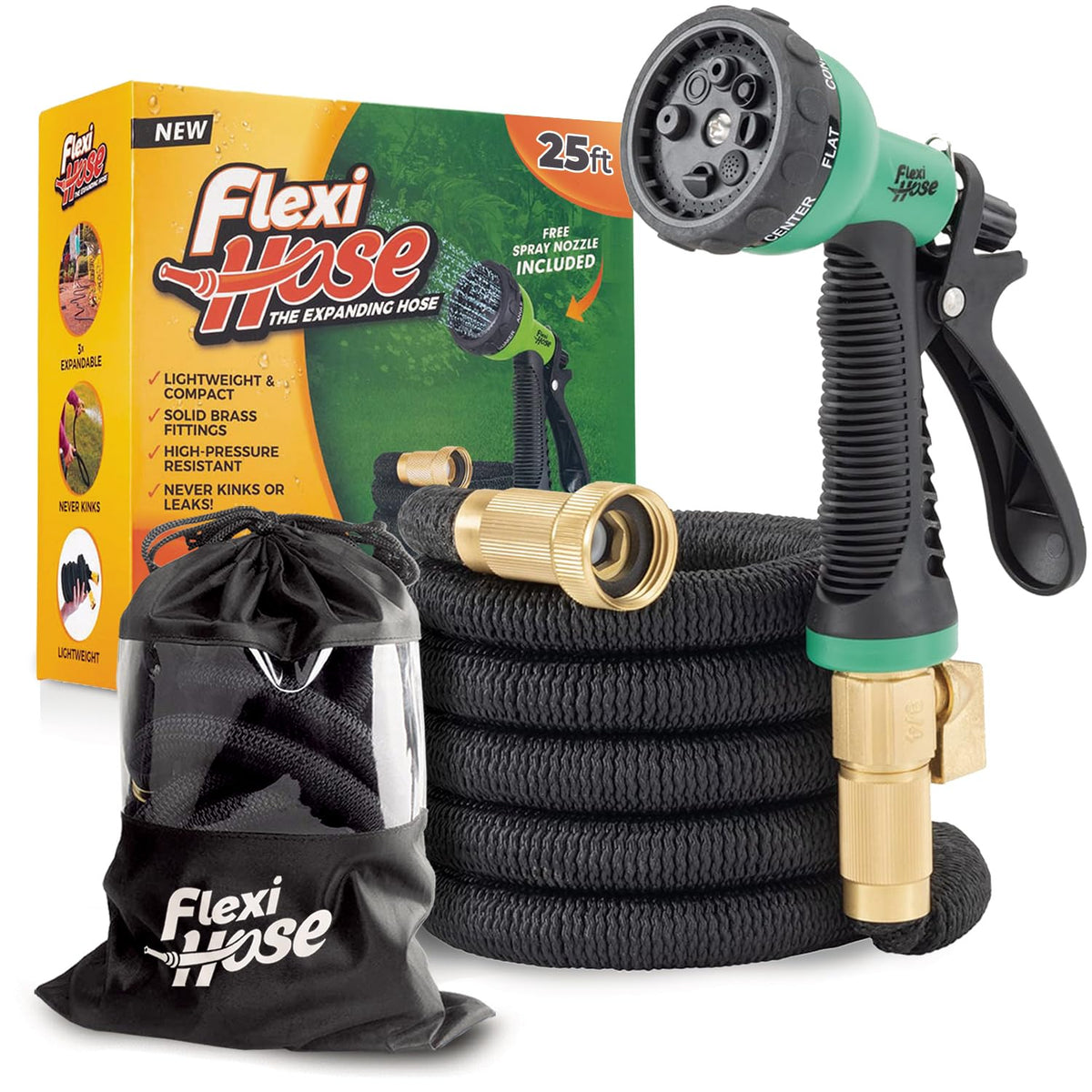 Flexi Hose Plus expandable 25ft hose extended for easy yard watering.