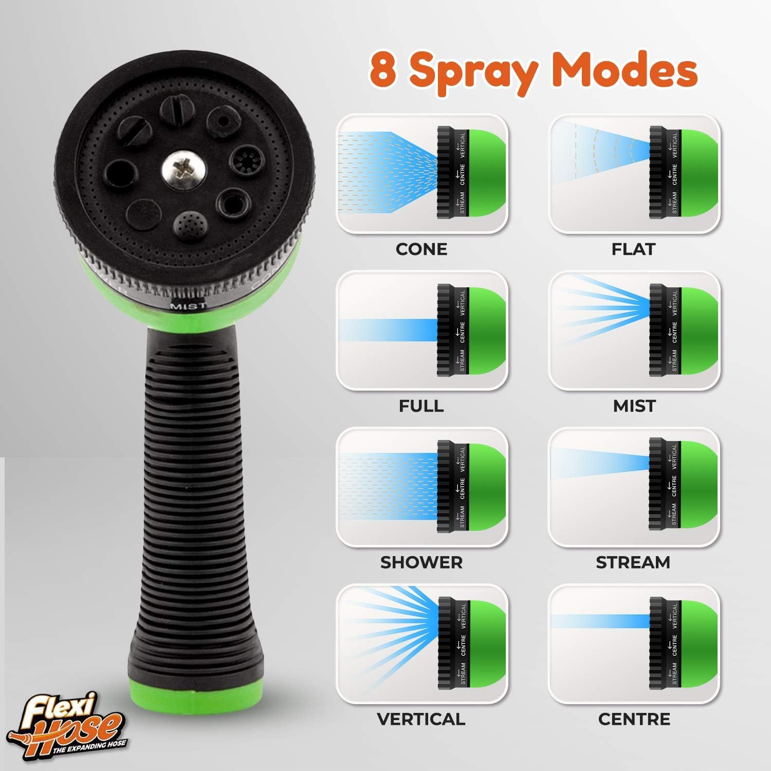 Flexi Hose rotating nozzle with ergonomic grip offers comfortable watering sessions.