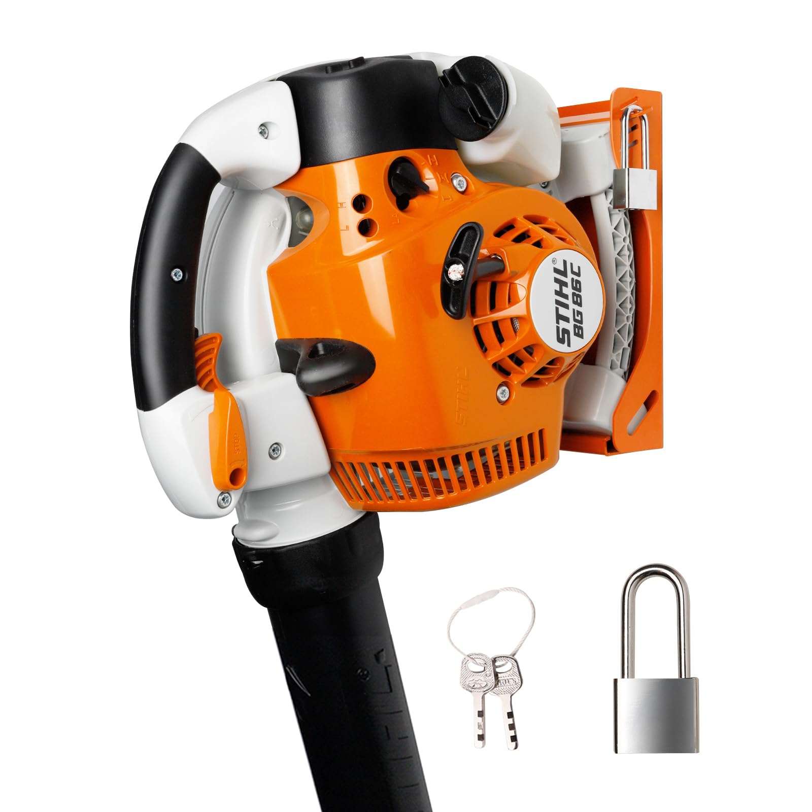 Flexi Rods blower rack mounted on wall secures Stihl BG-50.