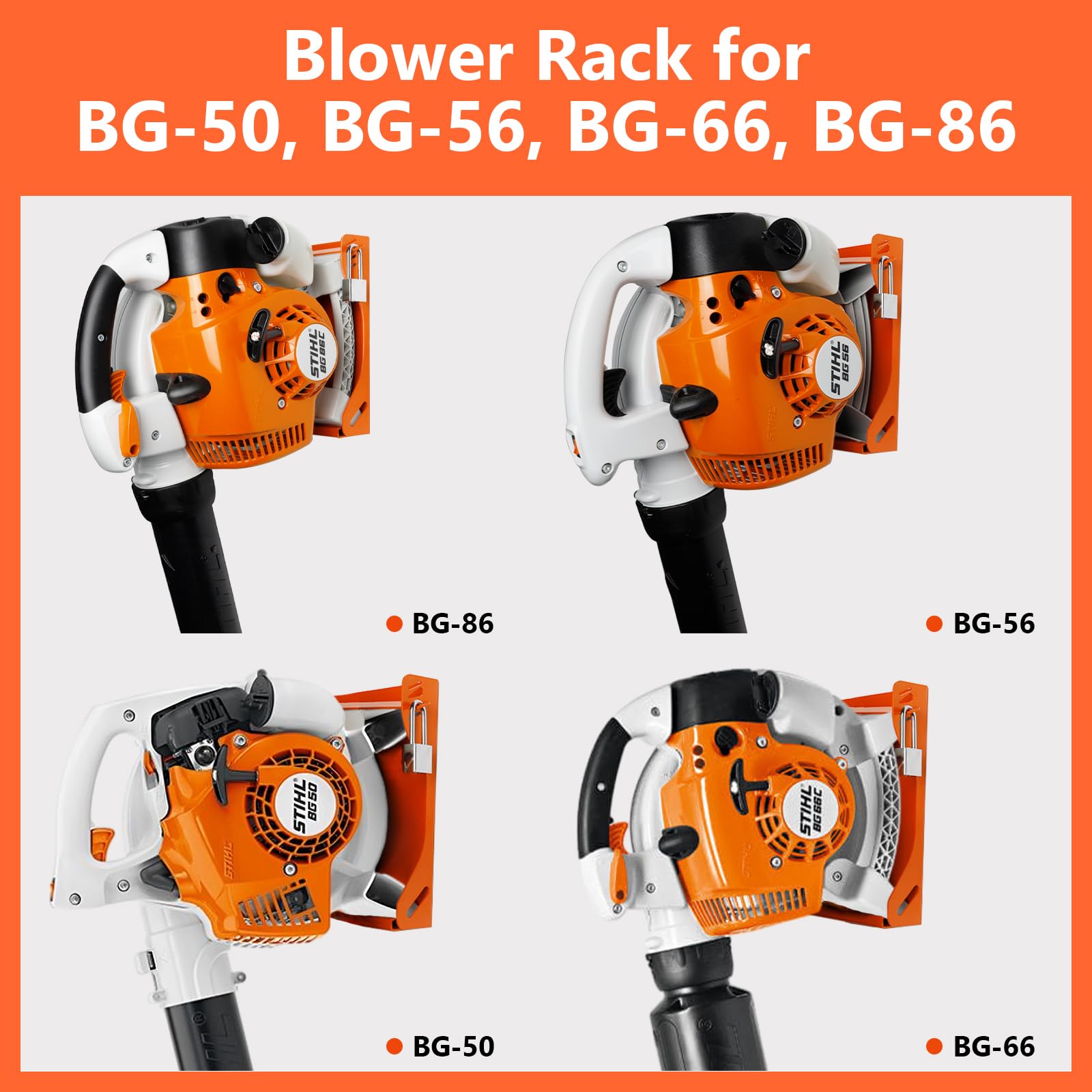 Flexi Rods rack with wall mount offers quick access to Stihl BG-56.