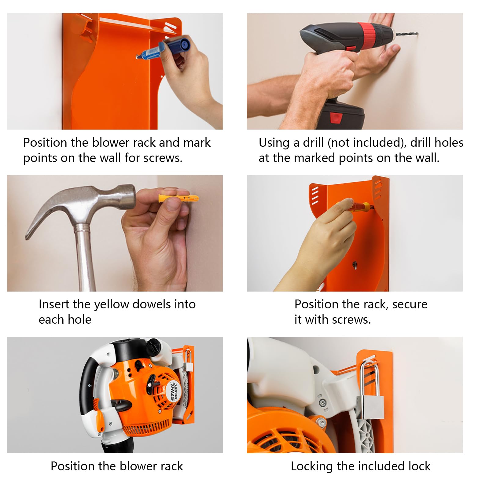 Durable iron frame with orange coating protects Stihl blowers.