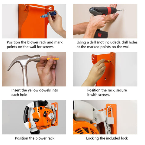 Durable iron frame with orange coating protects Stihl blowers.
