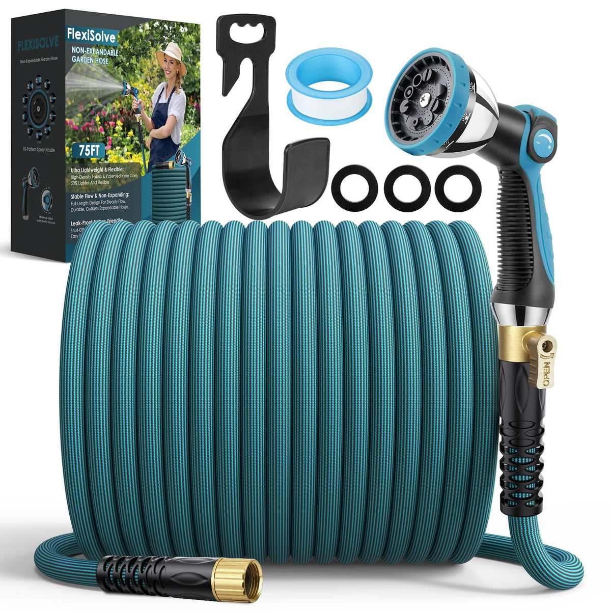 FlexiSolve 75ft garden hose extended for long reach and consistent watering