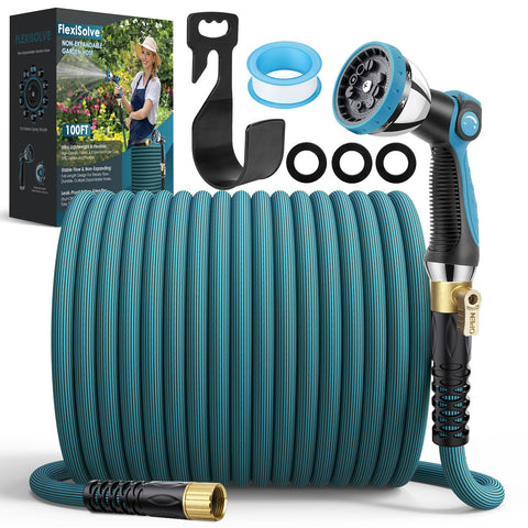 FlexiSolve non-expandable 100ft hose extended for yard reach and steady water pressure.