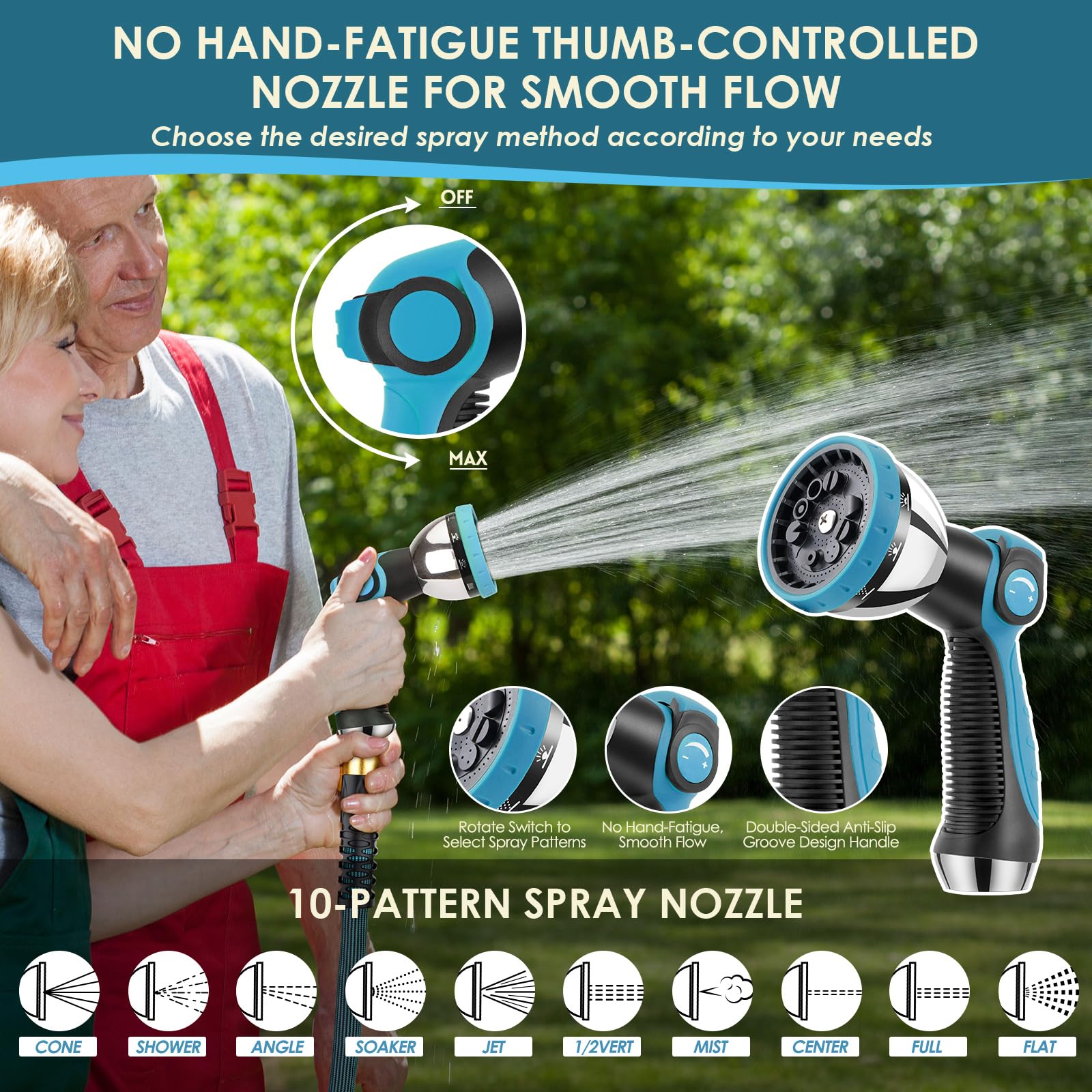 FlexiSolve ultra-lightweight hose reduces arm strain during long watering sessions.