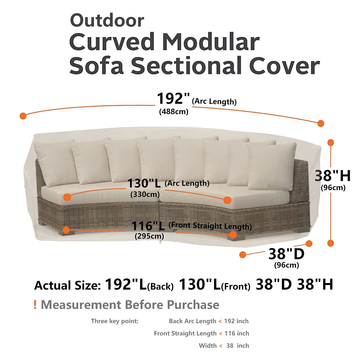 Dimension guide for Flexiyard curved sofa cover showing 190-inch length and 38x38 profile