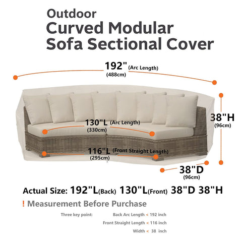 Dimension guide for Flexiyard curved sofa cover showing 190-inch length and 38x38 profile