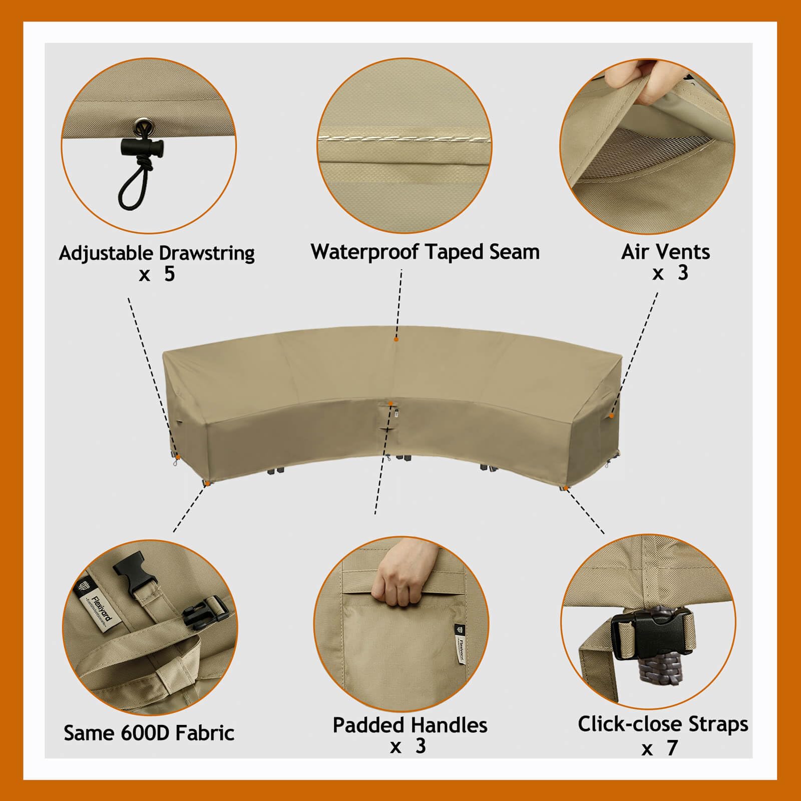 Close-up of padded handles on Flexiyard curved sofa cover for easy fitting