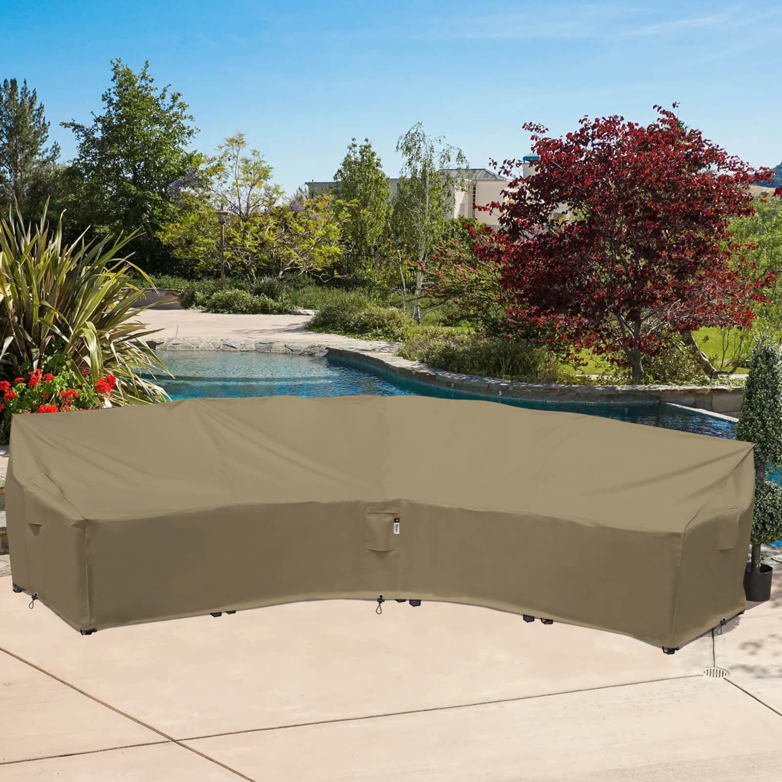 Specification sheet for Flexiyard curved sofa cover with fit details