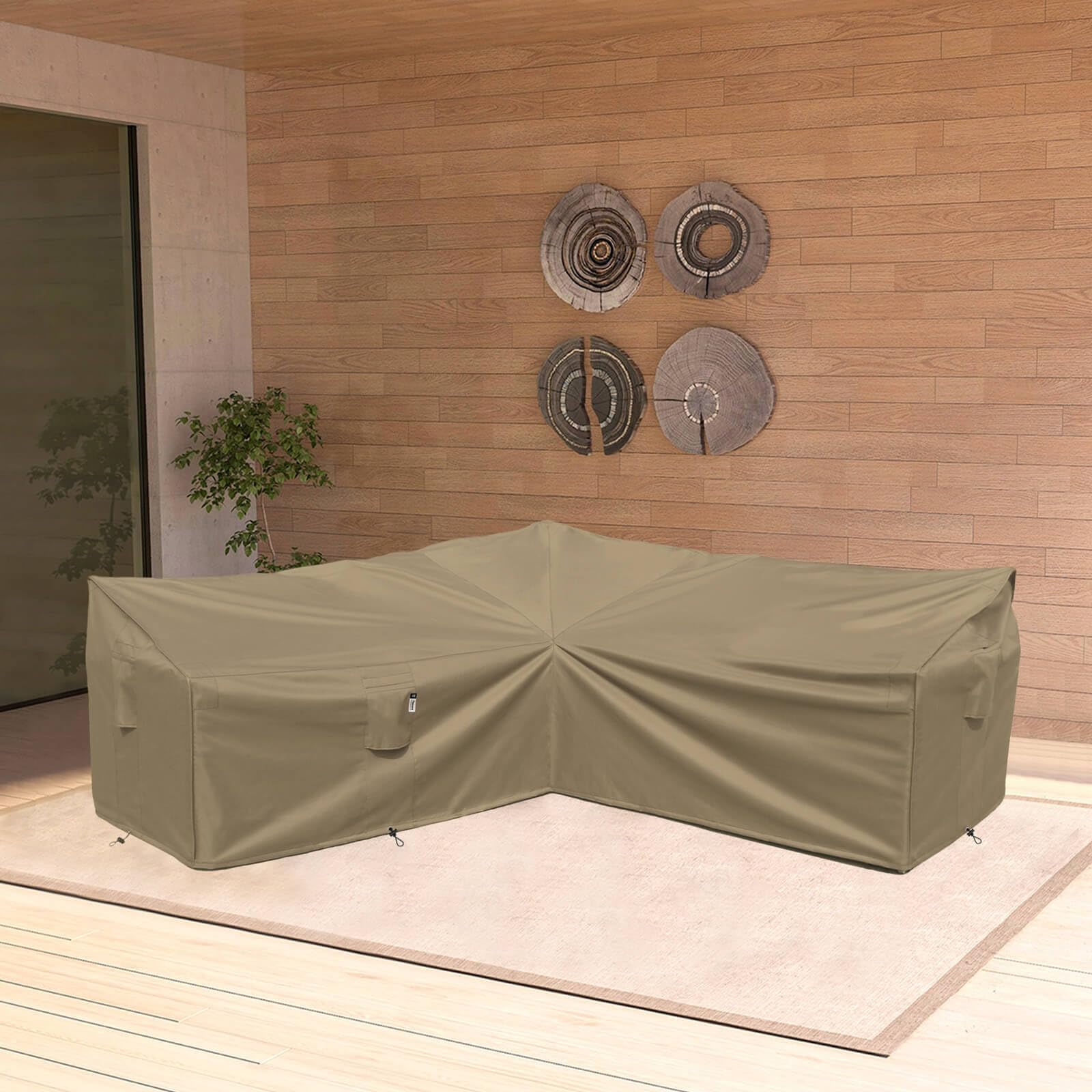 Flexiyard desert khaki color blends with outdoor furniture setting