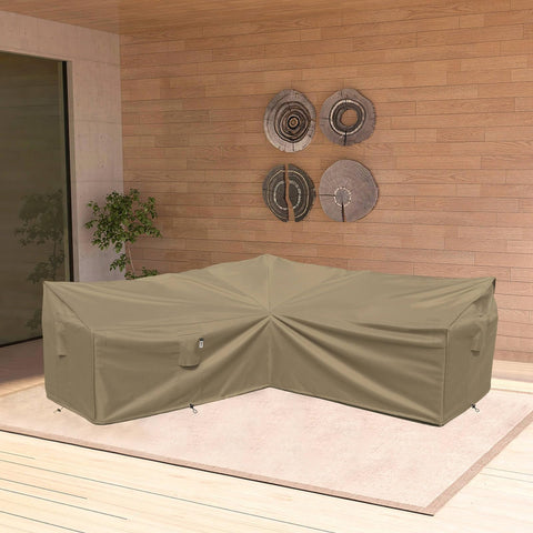 Flexiyard desert khaki color blends with outdoor furniture setting