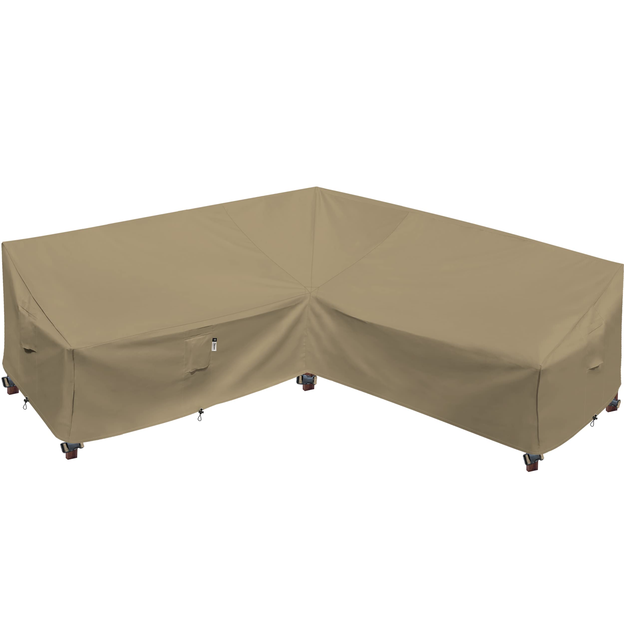 Flexiyard heavy-duty 600D cover on a desert khaki 90x90 V-shaped sofa protects from rain.