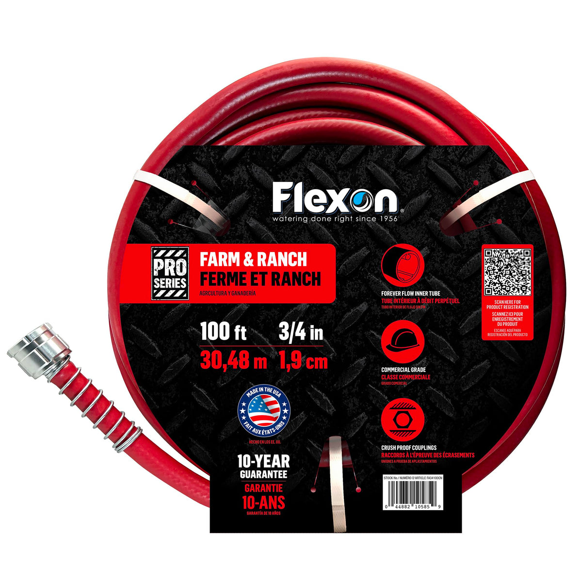 Flexon 100ft three-quarter-inch hose suitable for large-area watering and cleaning.