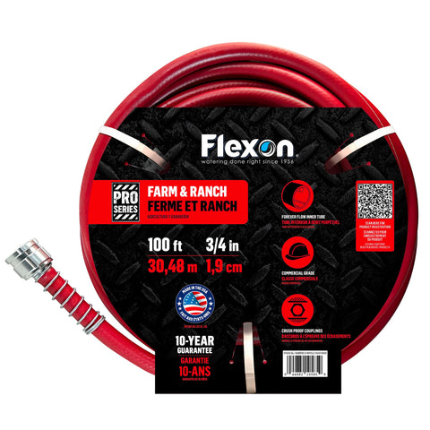 Flexon 100ft three-quarter-inch hose suitable for large-area watering and cleaning.