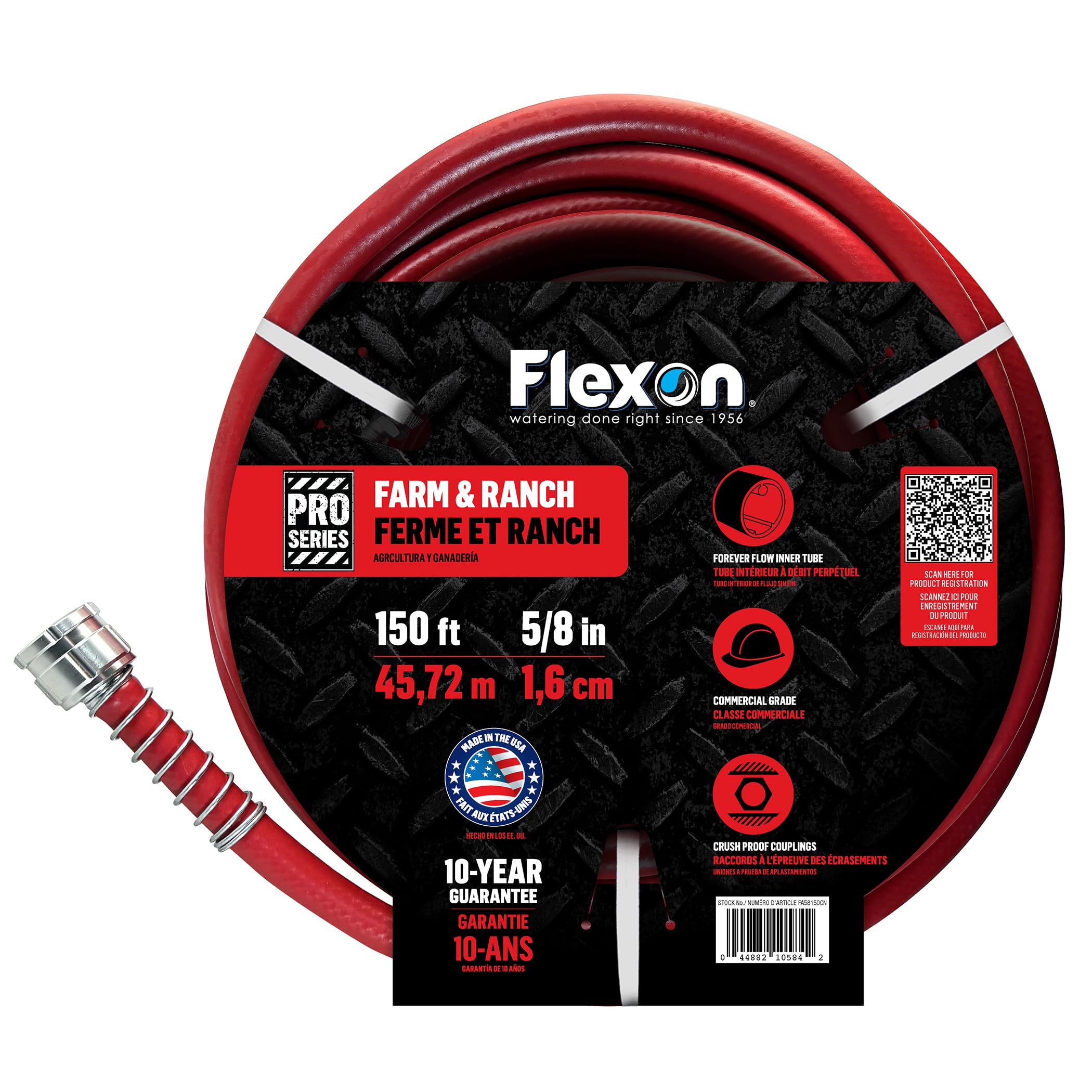 Flexon 58-inch farm-ranch hose in red, coiled neatly for storage and quick access.