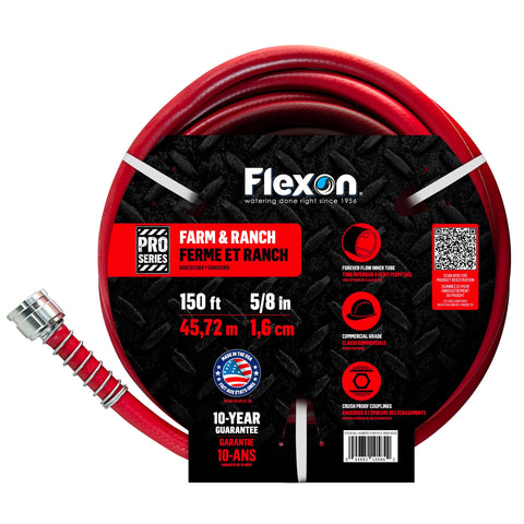 Flexon 58-inch farm-ranch hose in red, coiled neatly for storage and quick access.