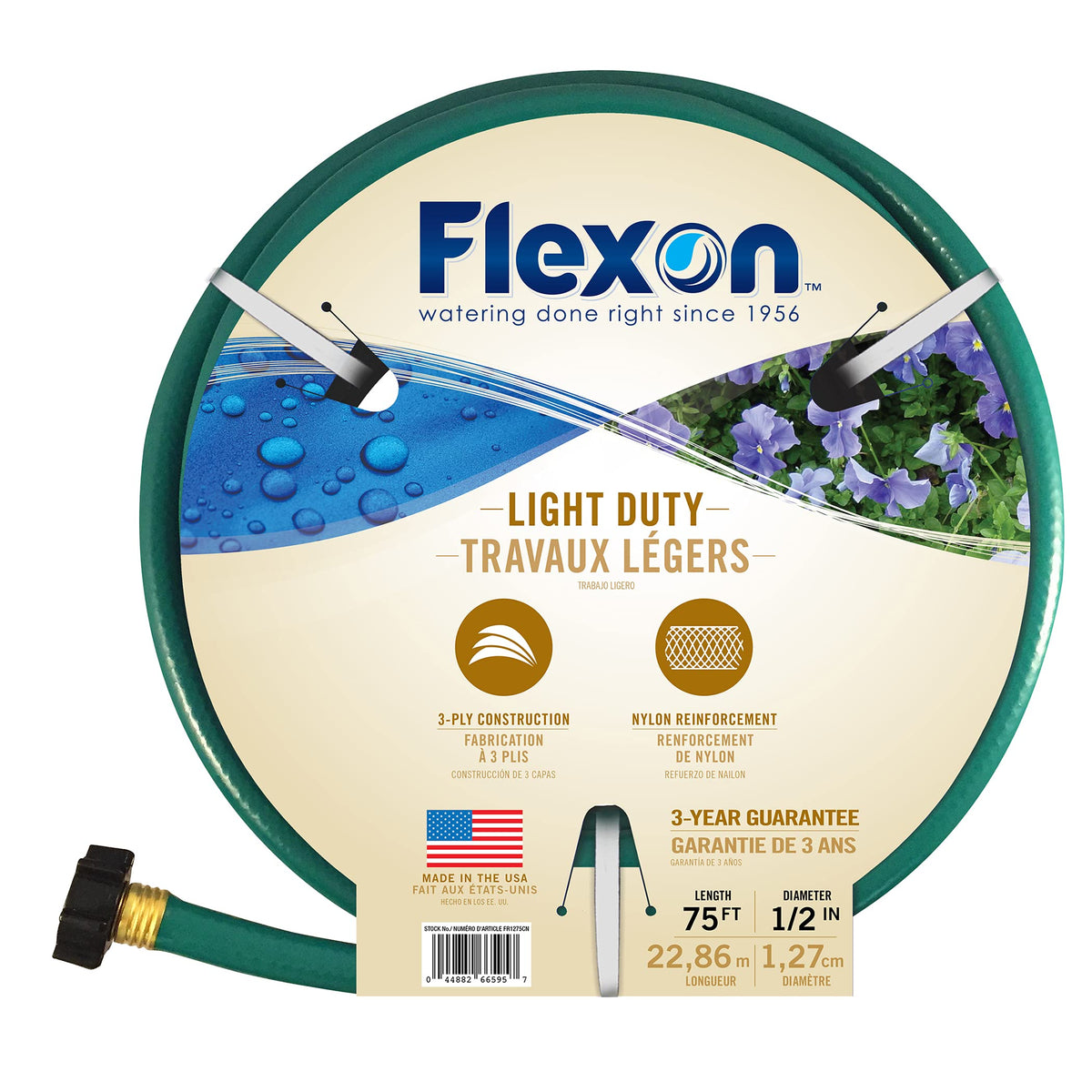 Flexon hose with brass couplings, ready for leak-free watering.