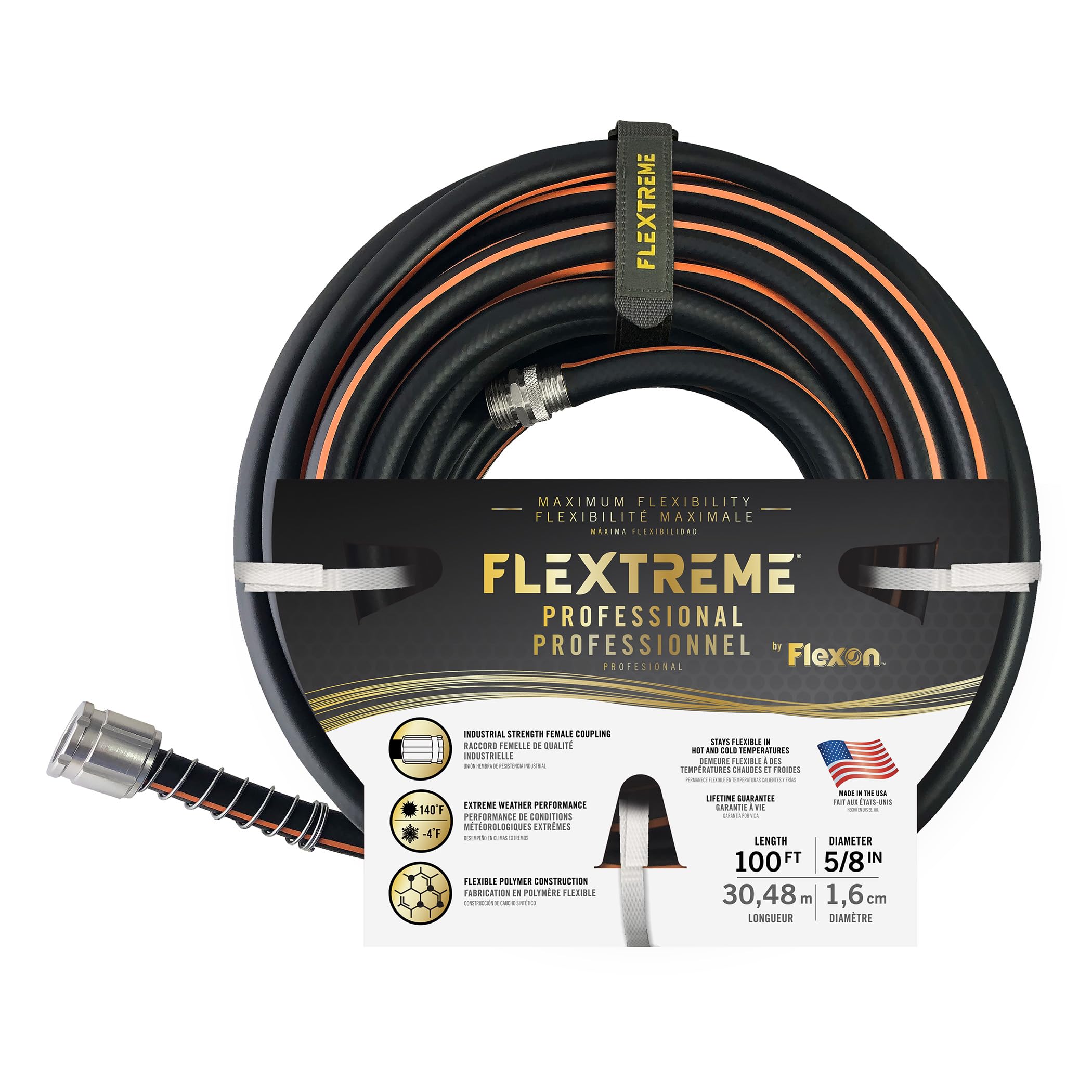 Flexon Flextreme Pro 100ft hose extends reach for large lawns and efficient watering.