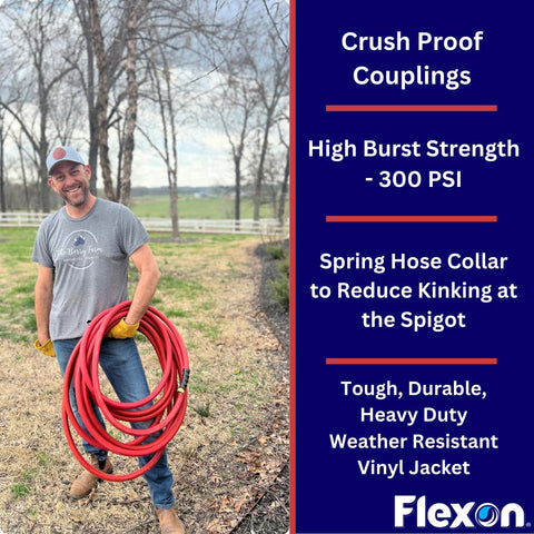 Bright red Flexon hose visible in the yard for safer, faster watering.