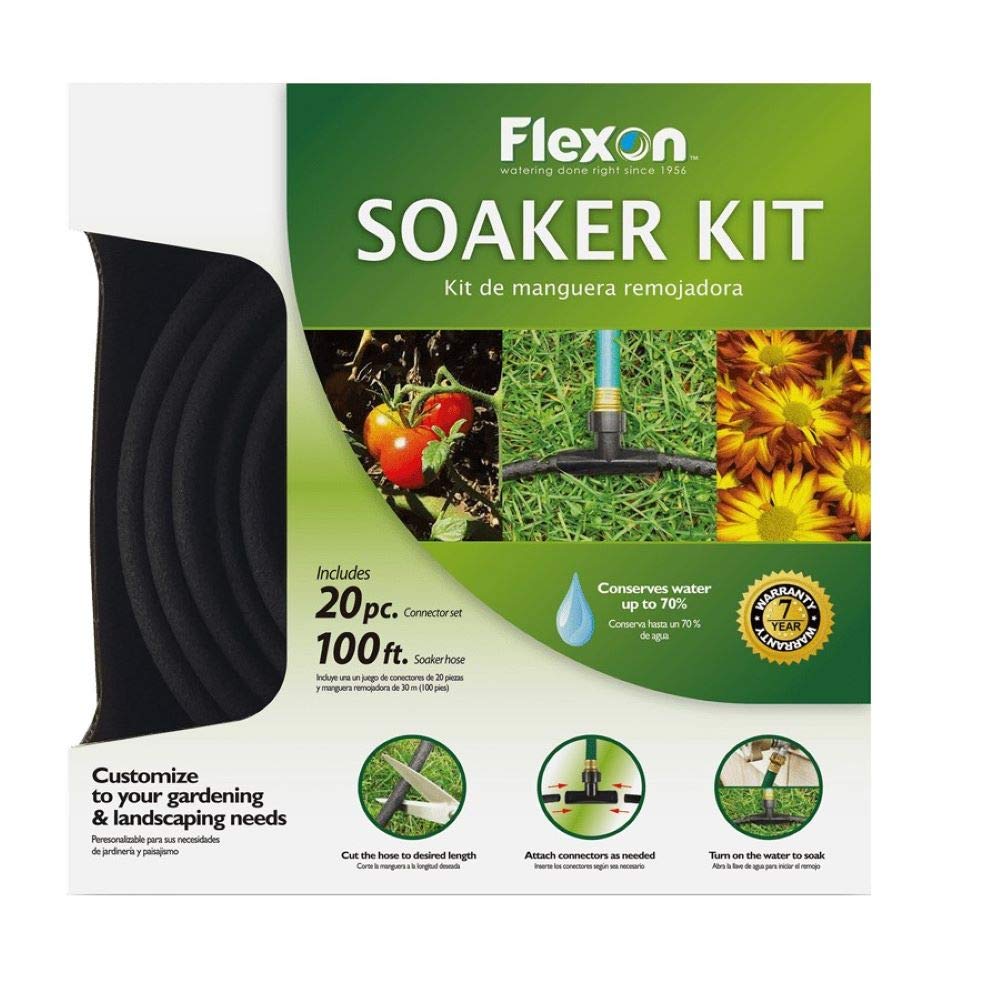 Flexon WS100KITCN 100-foot soaker hose unfurls along garden beds for even watering.