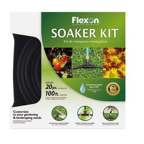 Flexon WS100KITCN 100-foot soaker hose unfurls along garden beds for even watering.