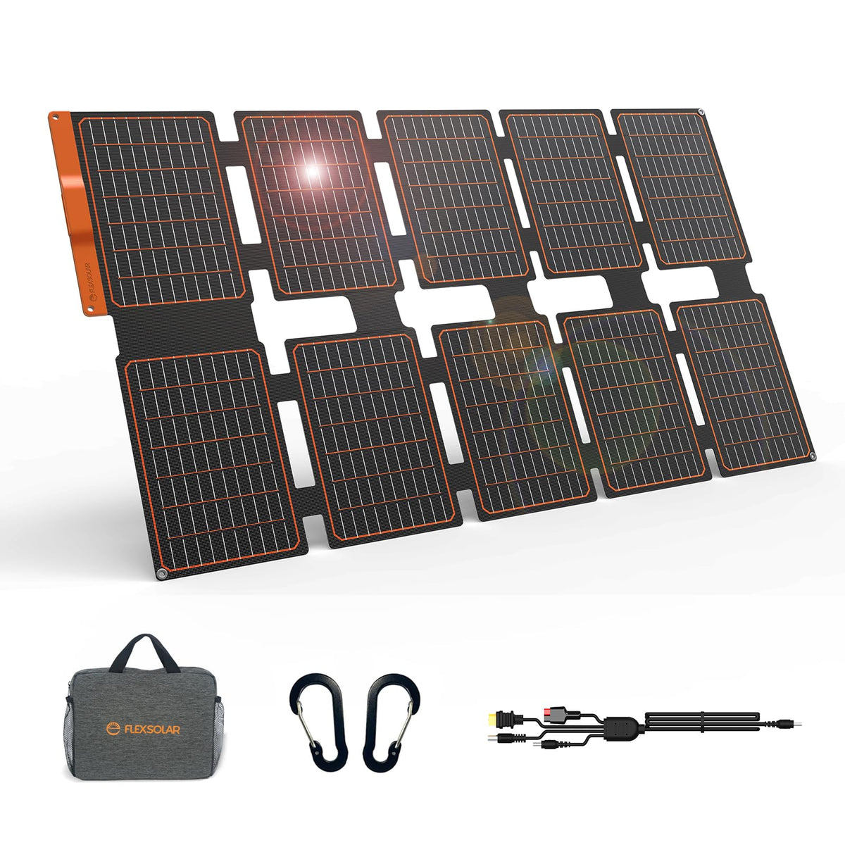 FlexSolar 100W folded panel in its bag for easy transport.