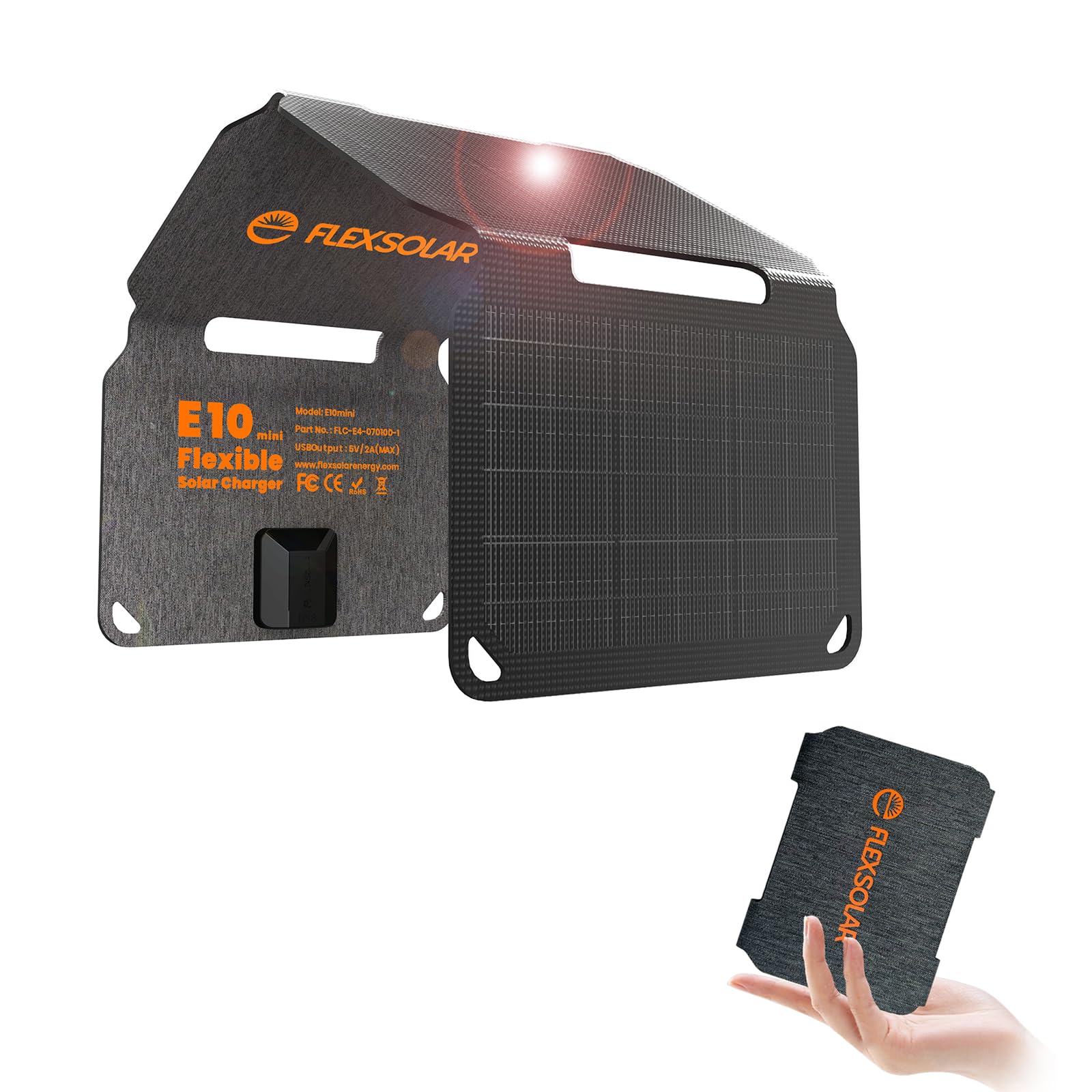 FlexSolar 10W foldable solar charger folded, ultra-portable for quick outdoor power