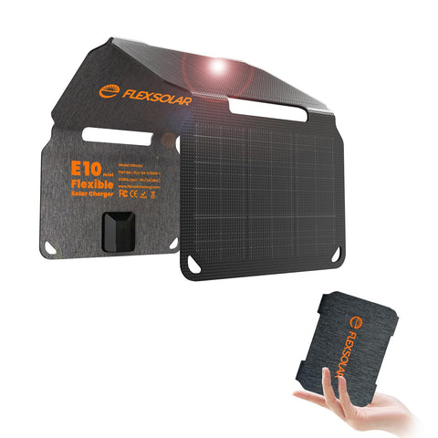 FlexSolar 10W foldable solar charger folded, ultra-portable for quick outdoor power