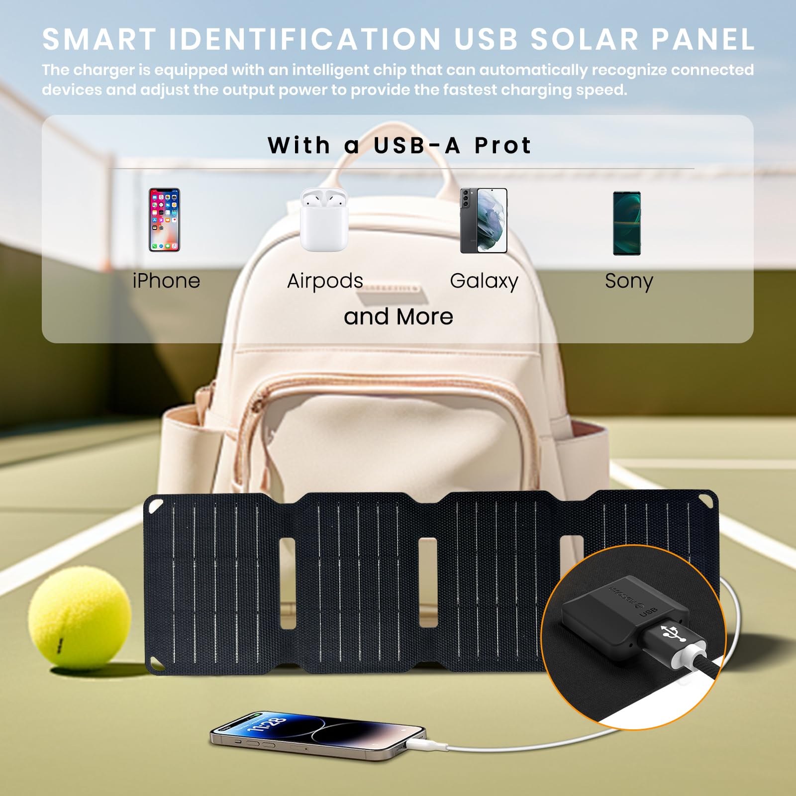 FlexSolar 10W USB-A port powering a smartphone directly in sunlight