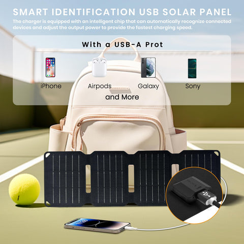 FlexSolar 10W USB-A port powering a smartphone directly in sunlight