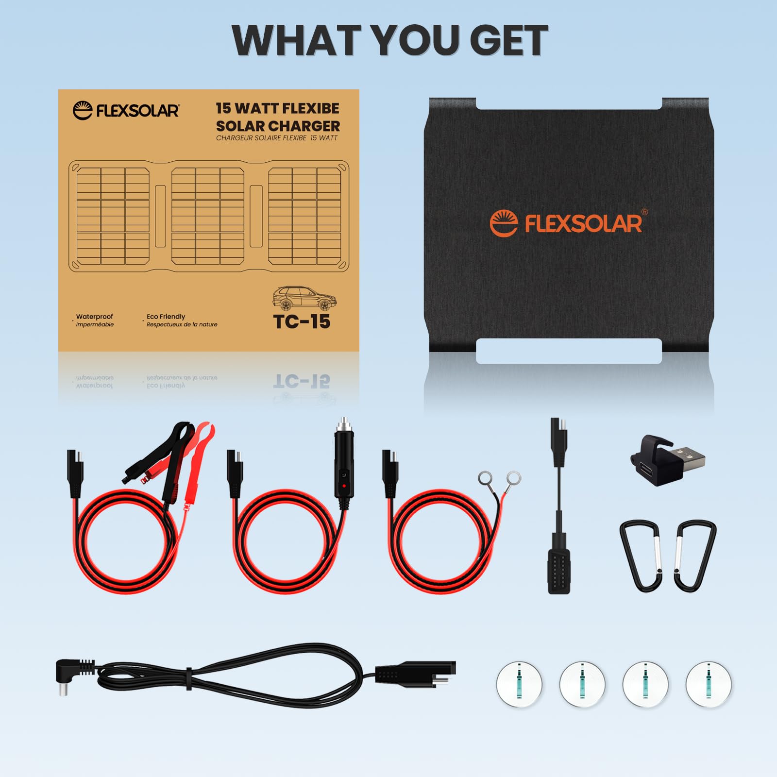 FlexSolar portable carrying case enables easy transport for outdoor use.