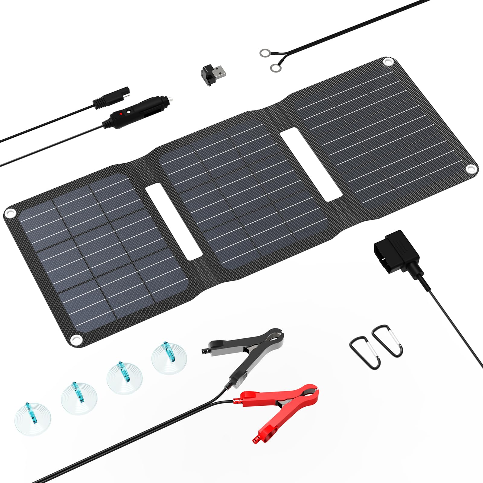 FlexSolar 15W foldable panel in compact folded form, ideal for easy storage and quick setup.