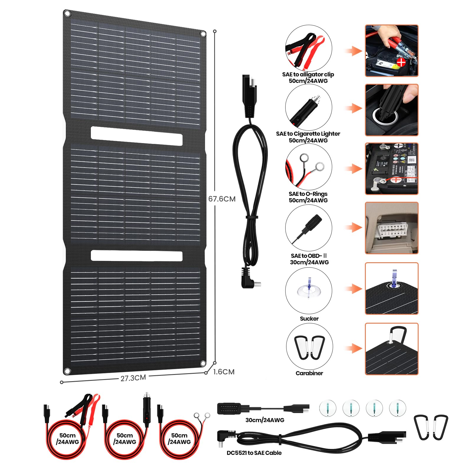 FlexSolar panel with OBDII connector supports vehicle monitoring and charging on the go.