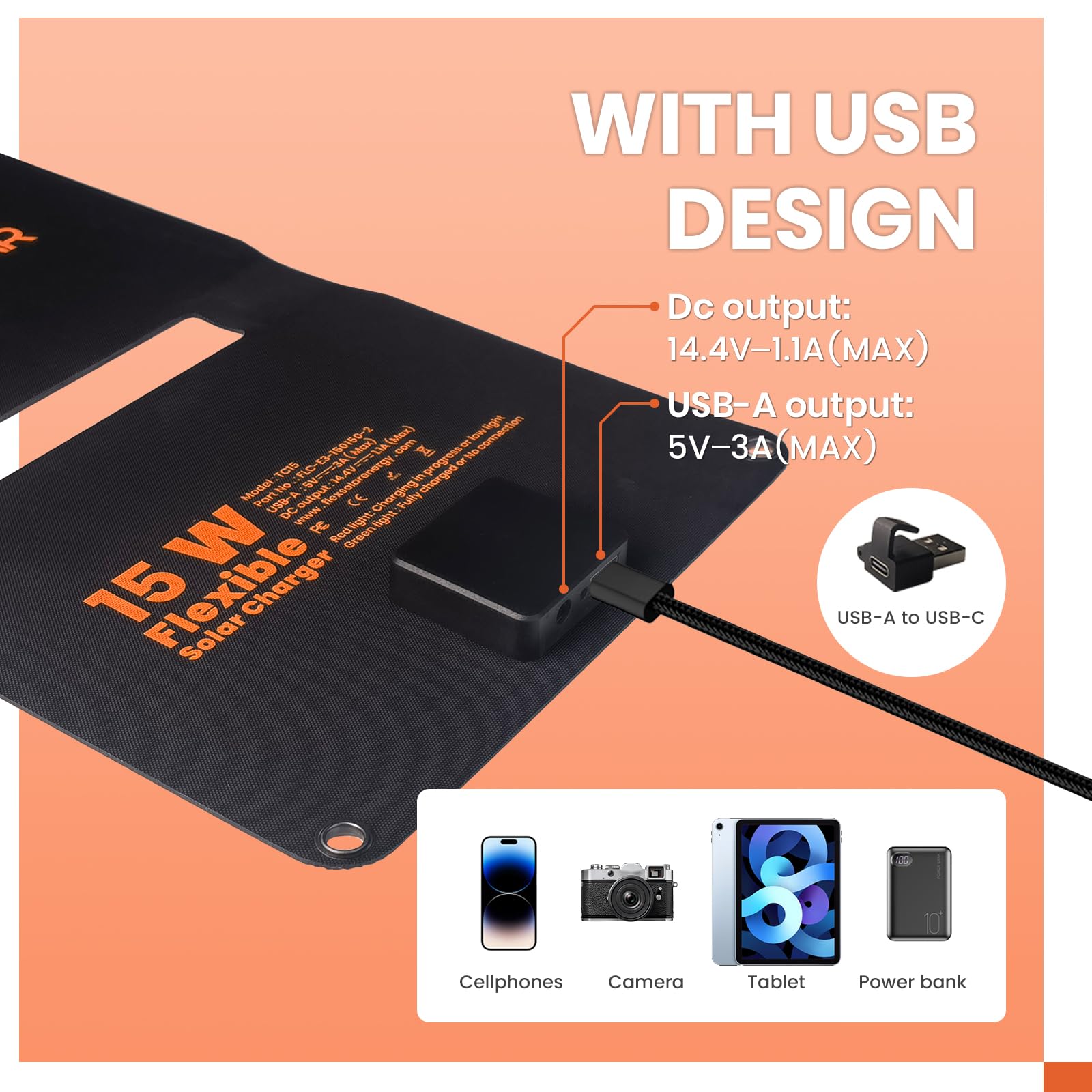 FlexSolar USB output provides convenient charging for cameras and small devices.