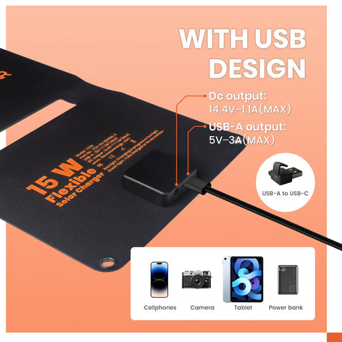FlexSolar USB output provides convenient charging for cameras and small devices.