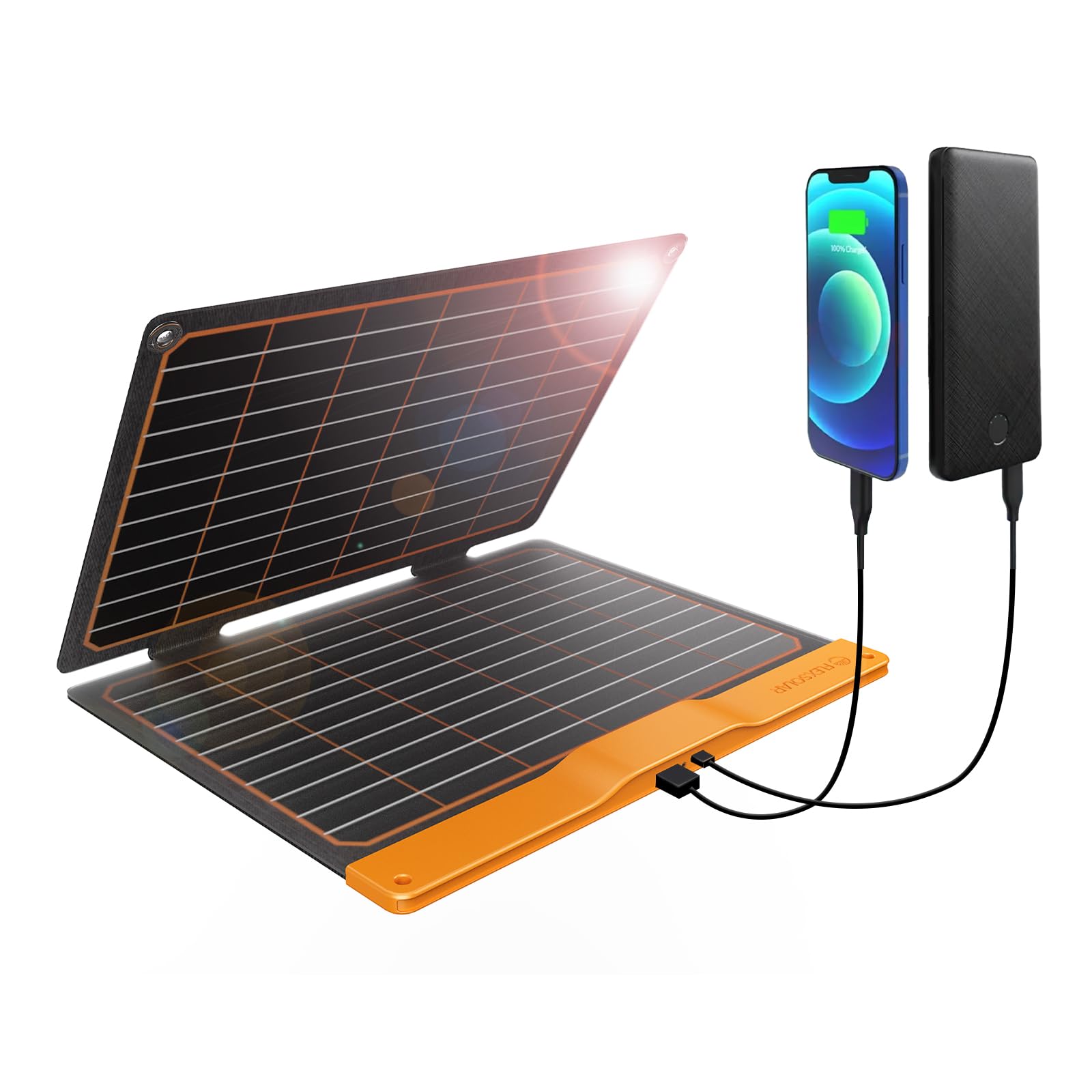 FlexSolar 20W foldable charger shown in compact form for travel charging.