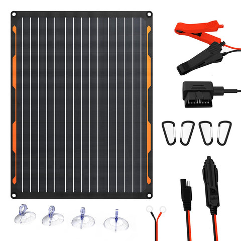 FlexSolar 20W solar panel charger powering a vehicle battery outdoors
