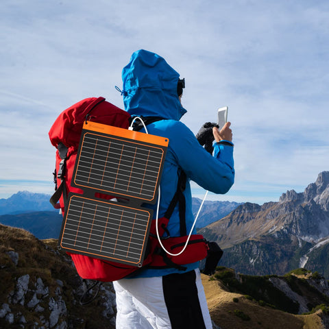 Direct sunlight powers 5V devices with FlexSolar panels.