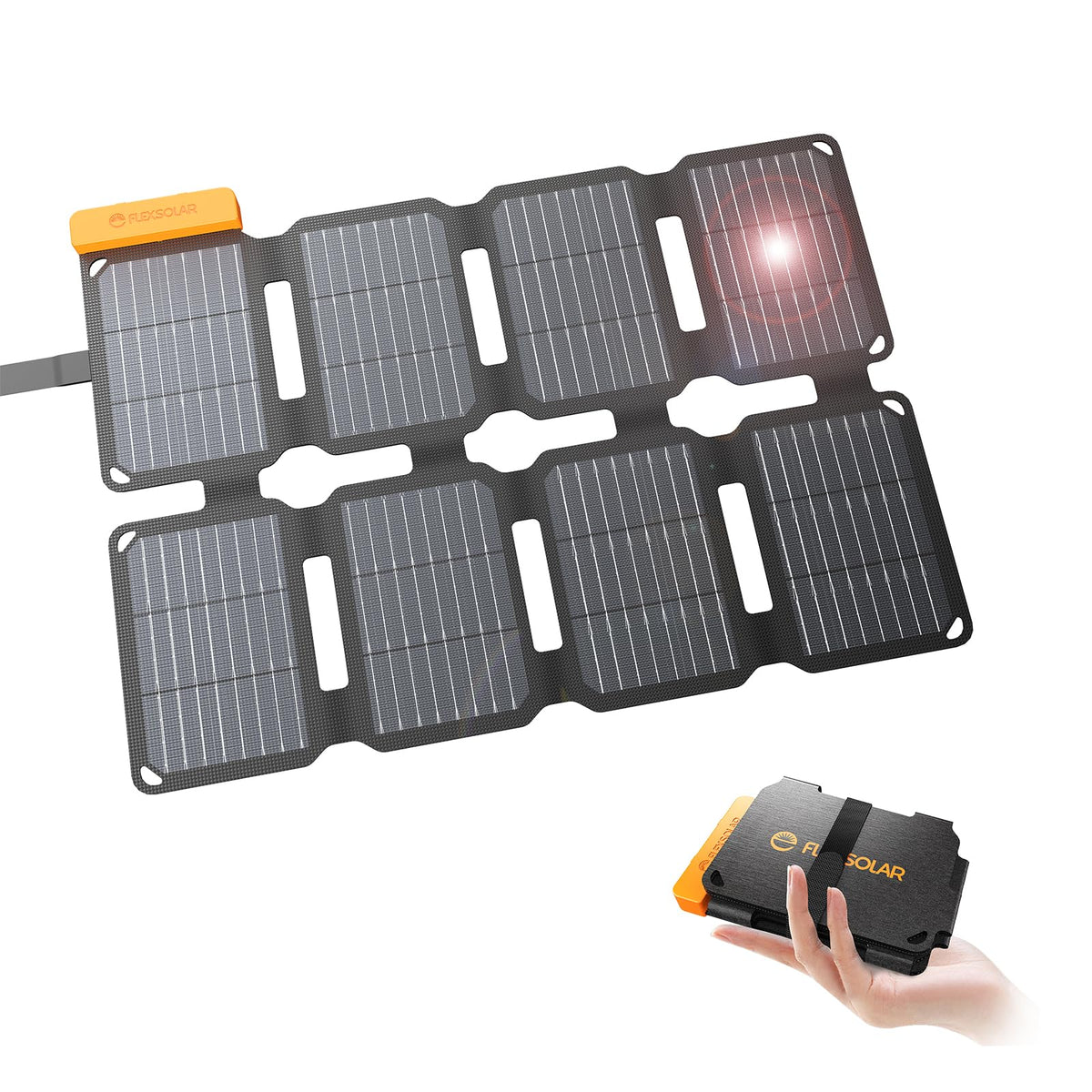 FlexSolar 25W foldable panel folded to wallet size showing portability for travel.