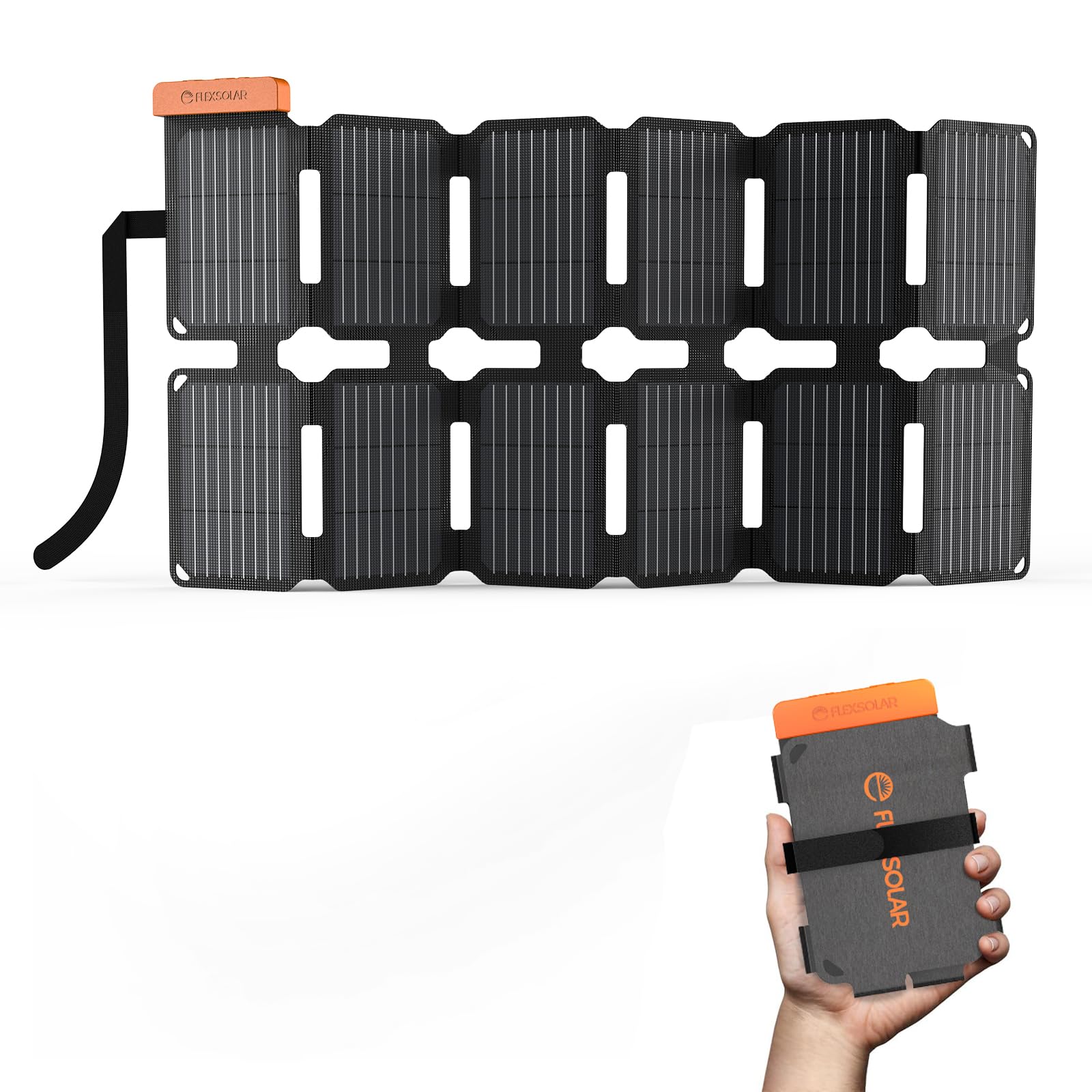 FlexSolar 36W folded panel attached to a backpack for hands-free charging on hikes.