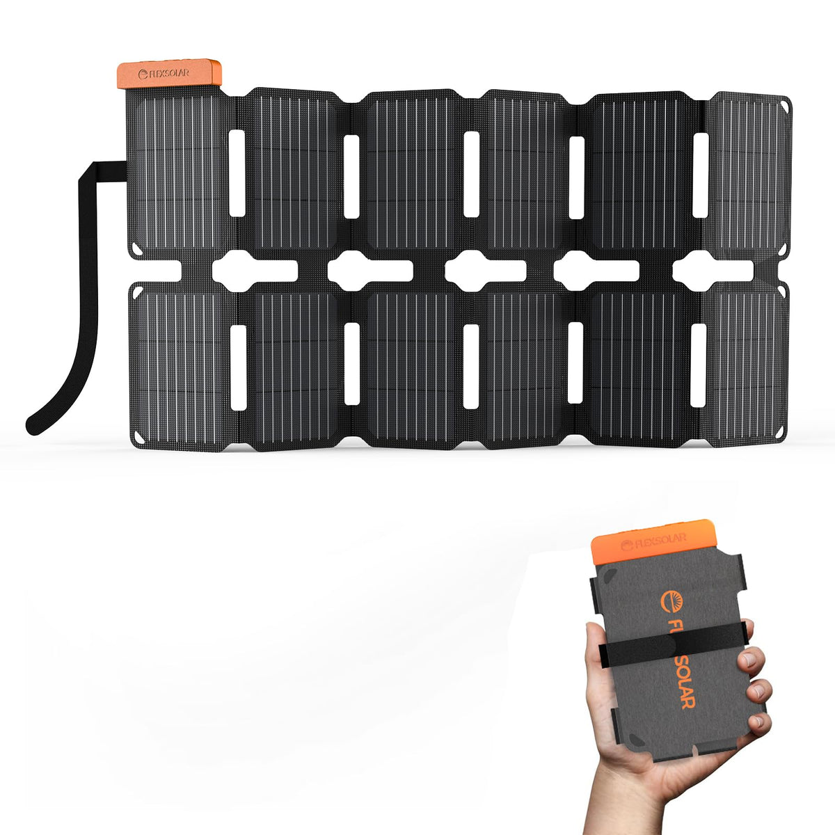 FlexSolar 36W folded panel attached to a backpack for hands-free charging on hikes.