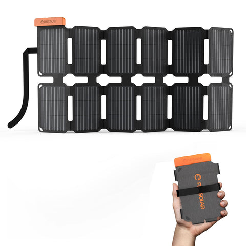 FlexSolar 36W folded panel attached to a backpack for hands-free charging on hikes.