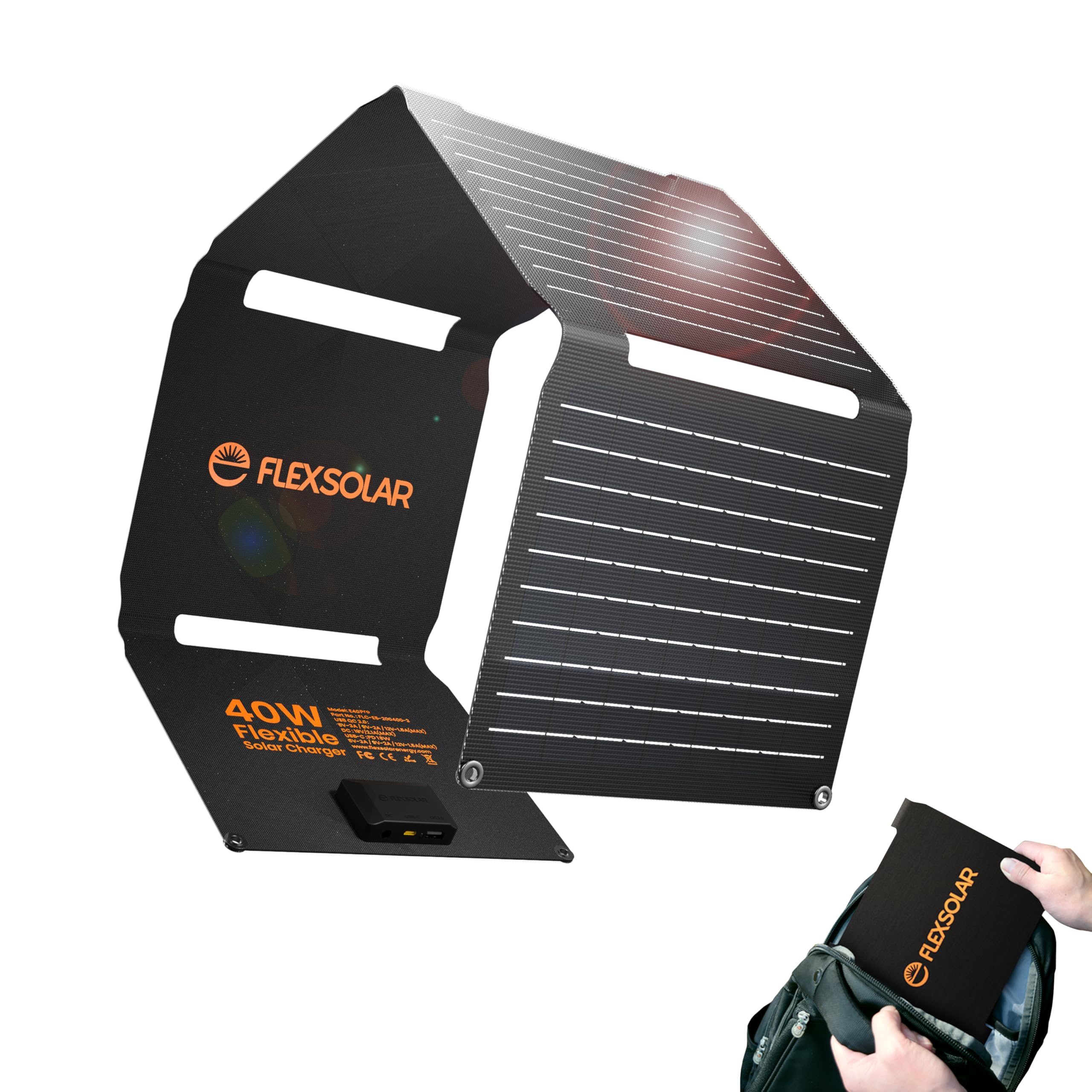 FlexSolar 40W foldable panel front view for off-grid charging on hikes